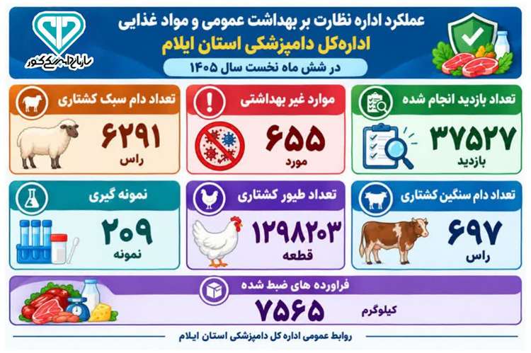 اینفوگرافی عملکرد اداره نظارت بربهداشت عمومی و مواد غذایی در شش ماه نخست سال ۱۴۰۵